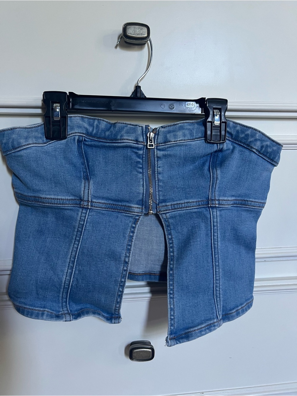 American Eagle Outfitters Blue Denim Strapless Corset Top with Front Zip
